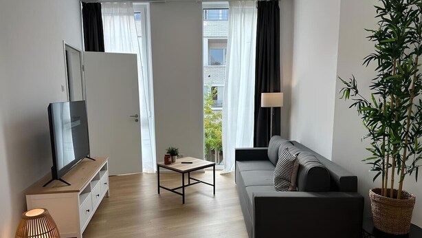Ein modernes Wohnzimmer mit Flachbildfernseher, einer Couch, einem kleinen Tisch und einem Blumentopf.