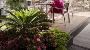 Un área de estar al aire libre con mesas y sillas bajo sombrillas grandes, rodeada de plantas y flores en macetas.