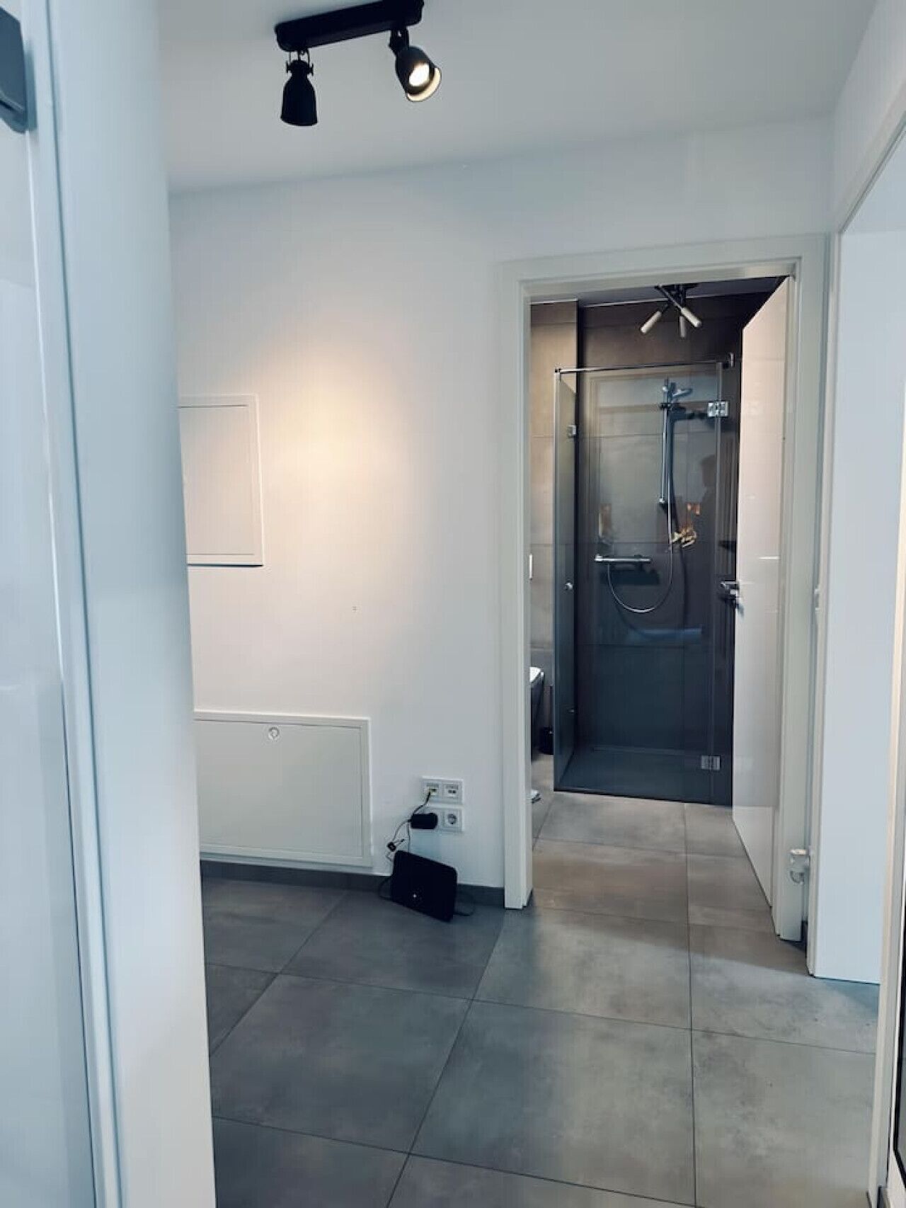 Moderni eteinen, jossa on lasinen suihkuovi, patteri ja pistorasia seinässä.