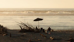 A beach scene with a person sitting under an umbrella, a chair, and a cooler on the sand.