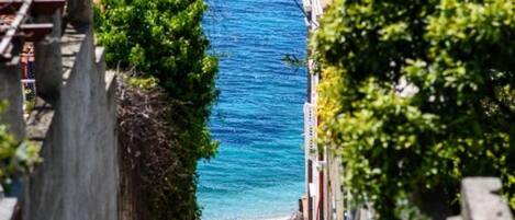 Una calle estrecha que lleva a una playa con agua azul cristalina, rodeada de edificios con vegetación.