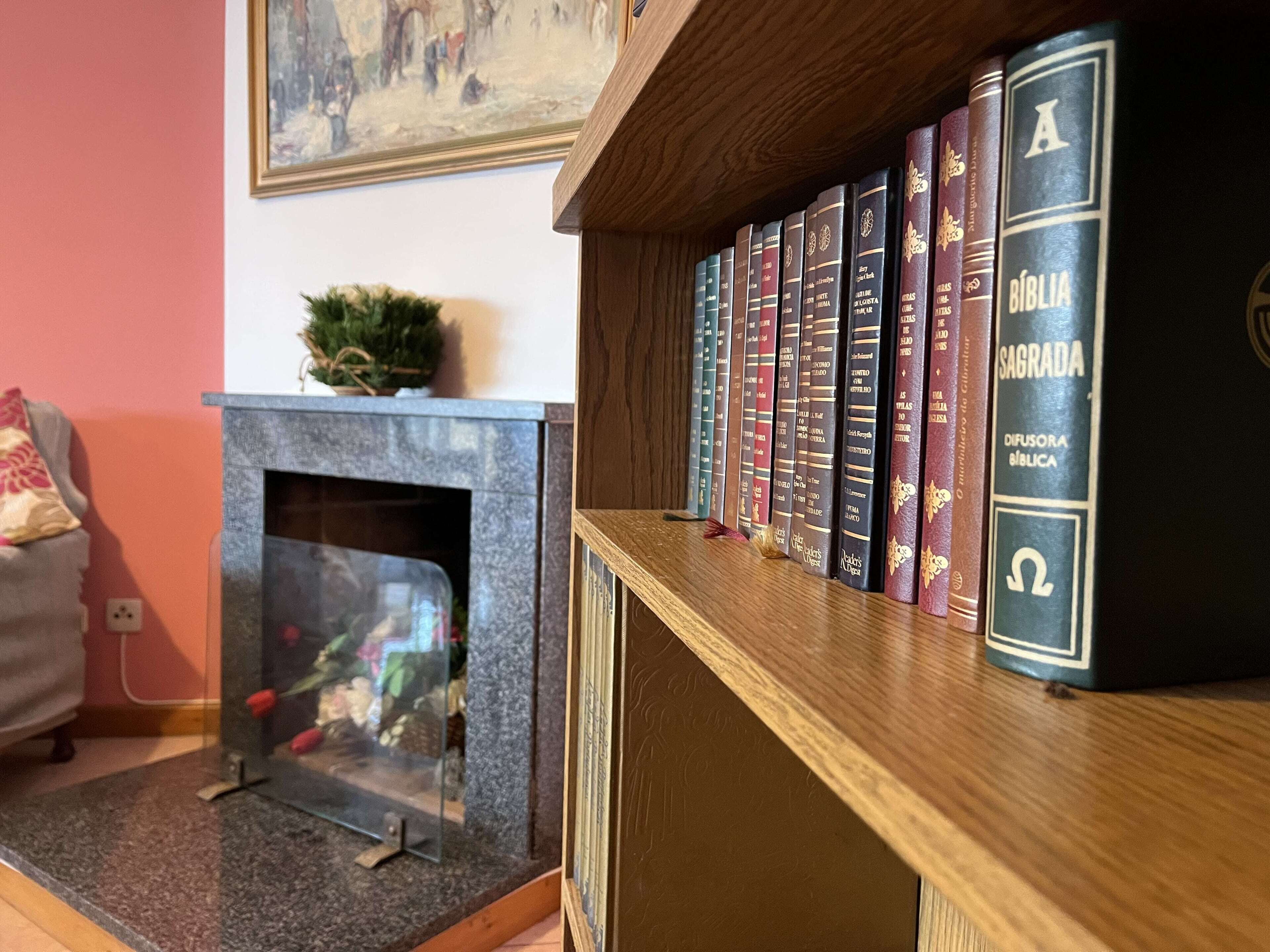 A bookshelf with a row of books, a fireplace, and a painting on the wall.