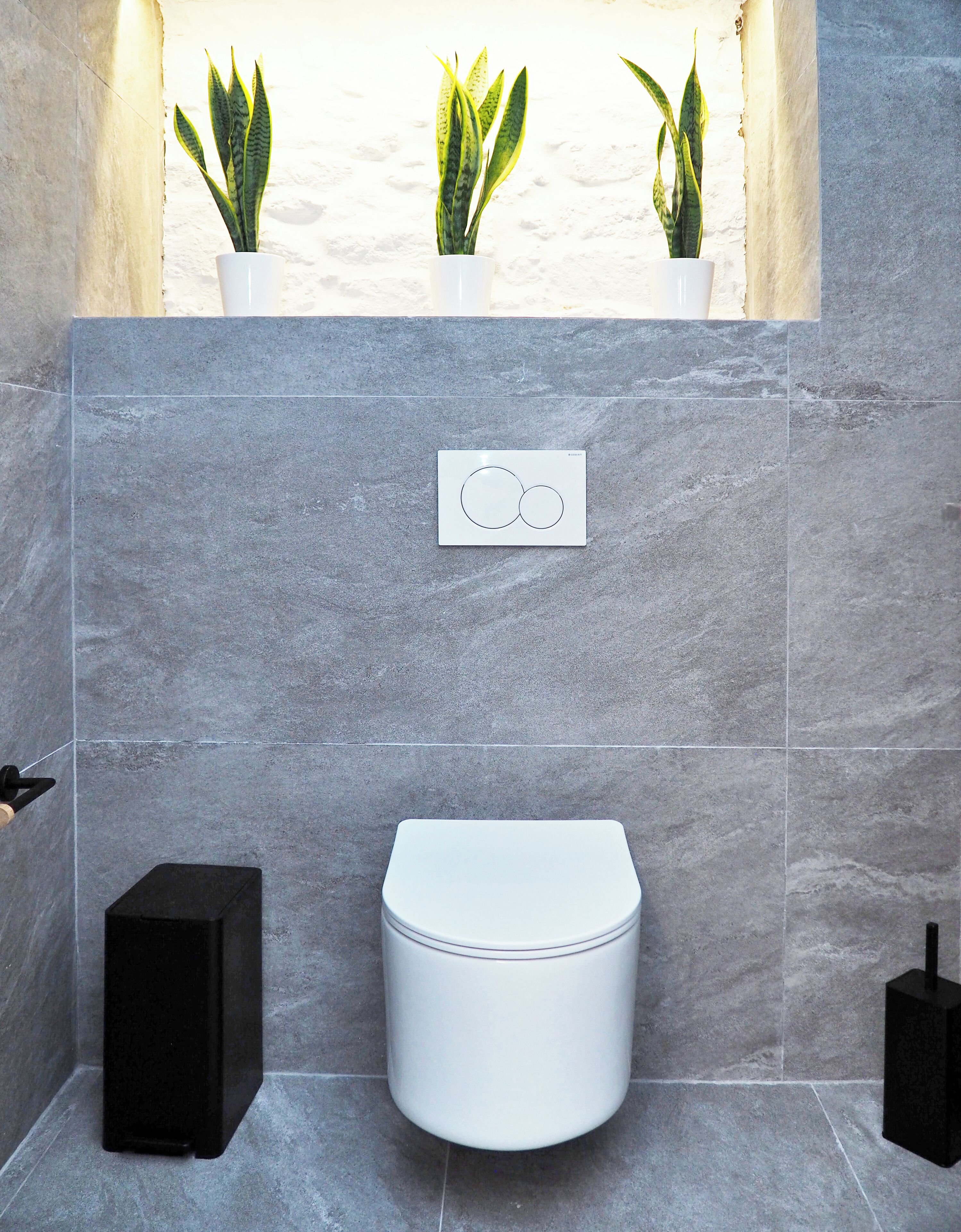 A modern bathroom with a toilet, a bidet, and three potted plants.