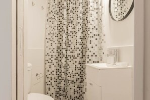 Regadera, secadora de cabello, toallas, shampoo 