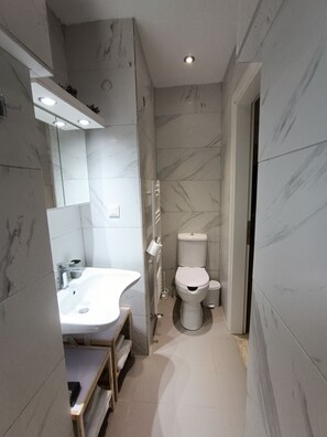 Shower, eco-friendly toiletries, hair dryer, towels