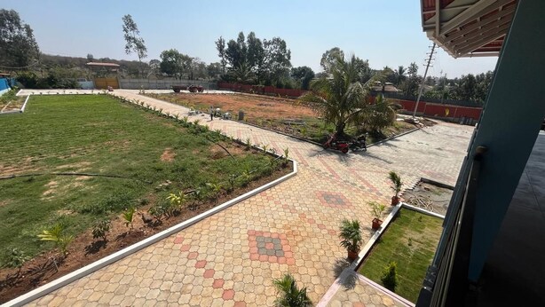 A courtyard with a paved walkway, a grassy area, and a palm tree. - Rangi Taranga (Chikkamagaluru)
