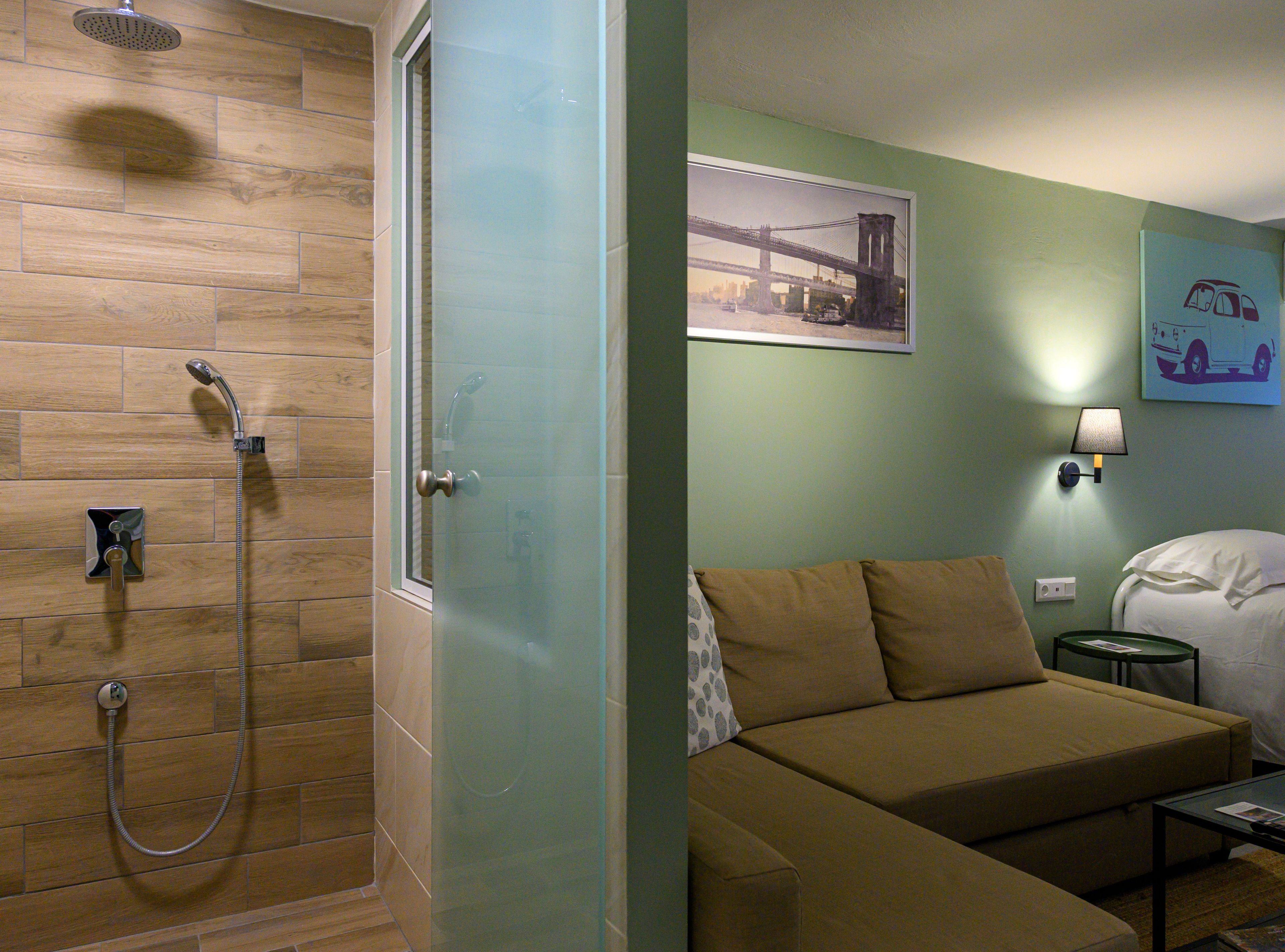 A hotel room with a shower, a bed, a sofa, a nightstand, and a wall-mounted lamp.