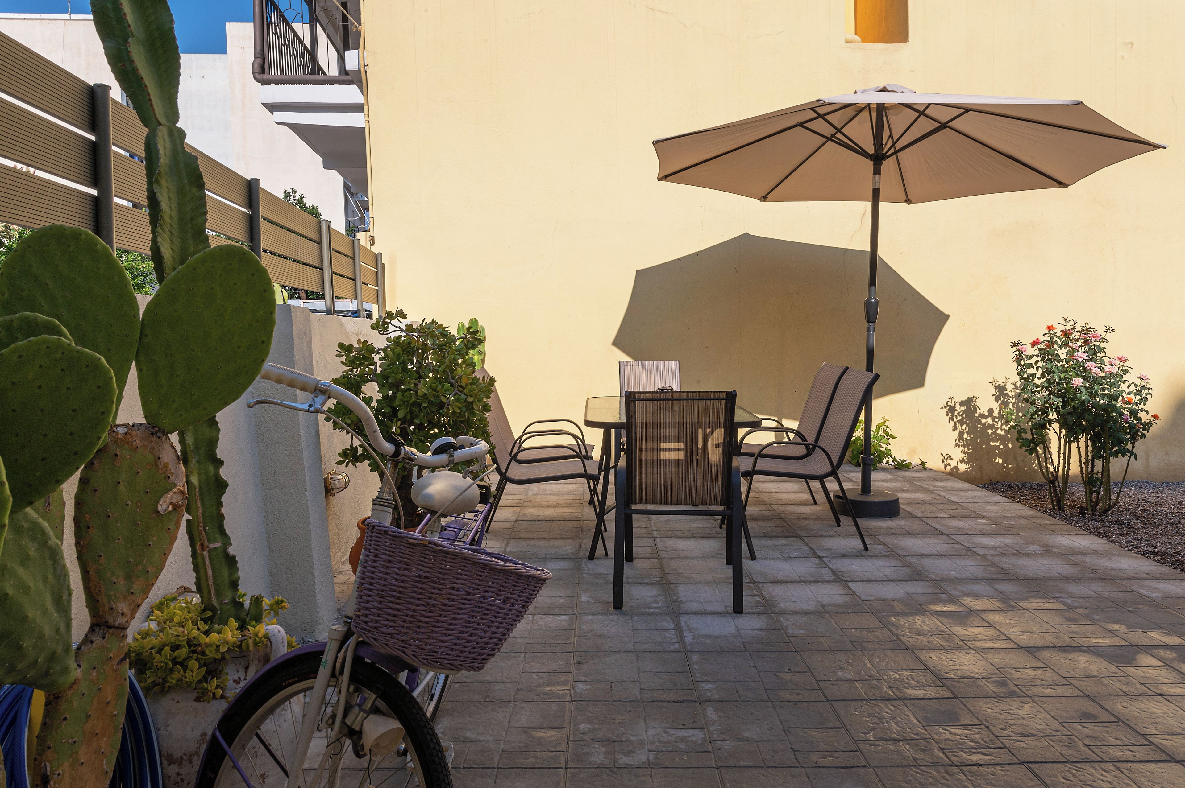Un patio con una mesa, sillas, una bicicleta y una planta de cactus.