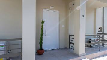 Entrada d'un edifici modern i net, amb una porta blanca, una planta en test i una barana metàl·lica.
