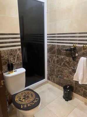 Regadera, secadora de cabello, bidet, toallas 