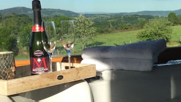 Une bouteille de champagne et deux verres sur un plateau en bois, posés sur un bateau, avec une vue panoramique sur des collines et des arbres.