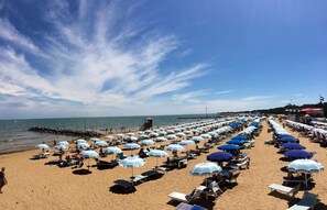 A beach with rows of sun umbrellas and lounge chairs, a pier extending into the water, and a clear blue sky.