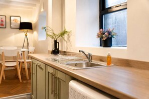 A kitchen with a sink, a dish rack, a potted plant, and a window with a view.