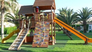 A wooden play structure with a slide and climbing wall, surrounded by grass and palm trees.