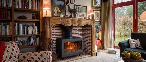 Televisión, chimenea, reproductor de DVD, mesa de ping pong