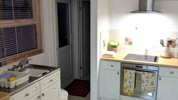 Fridge, microwave, coffee/tea maker, cookware/dishes/utensils