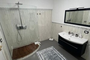 Bathroom features a shower with a glass door and handheld showerhead, a vanity with a sink and mirror, and a patterned rug on the floor.