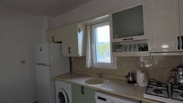 A compact kitchen with basic appliances, a washing machine, and a window providing natural light.