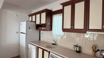 Apartamento básico | Cocina privada | Frigorífico grande, placa de cocina, lavavajillas y hervidor eléctrico