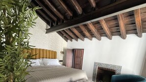 Un dormitorio con cama, una banca, una silla, chimenea y una planta grande.
