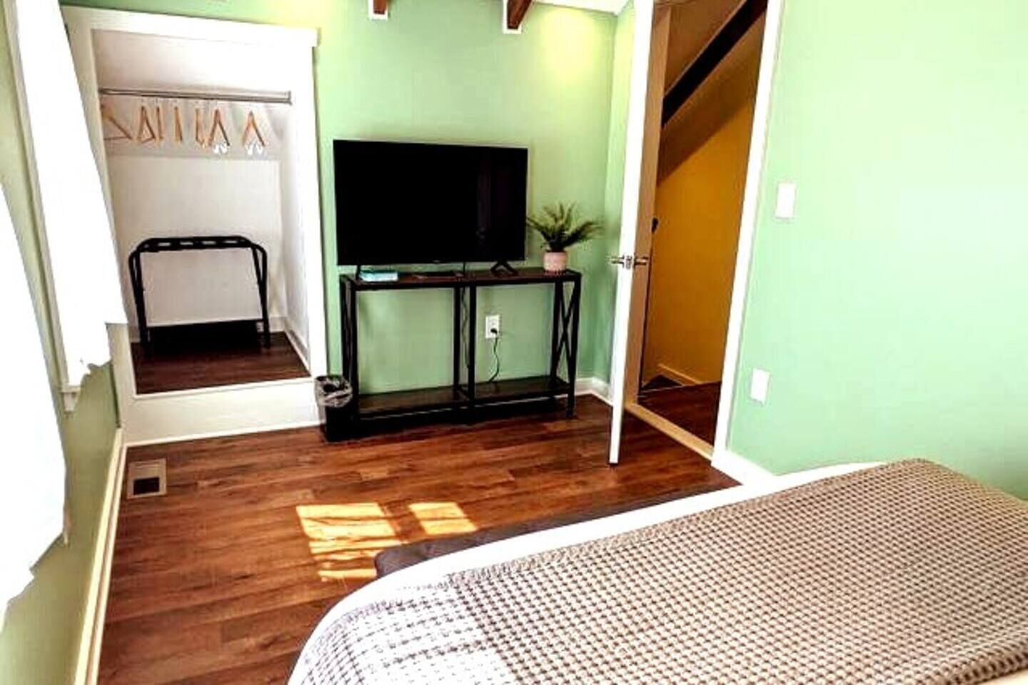A bedroom with a bed, a TV on a stand, a small plant, and a door leading to another room.