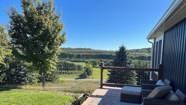 Una terraza con mobiliario de mimbre y vistas a un paisaje verde.