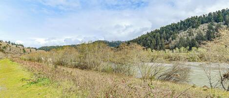 A natural landscape with a river, grassy areas, and a forested hill.