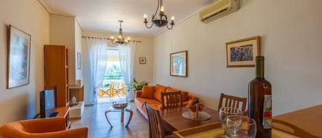 Smart TV, fireplace, books