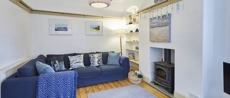 TV, fireplace, DVD player, books