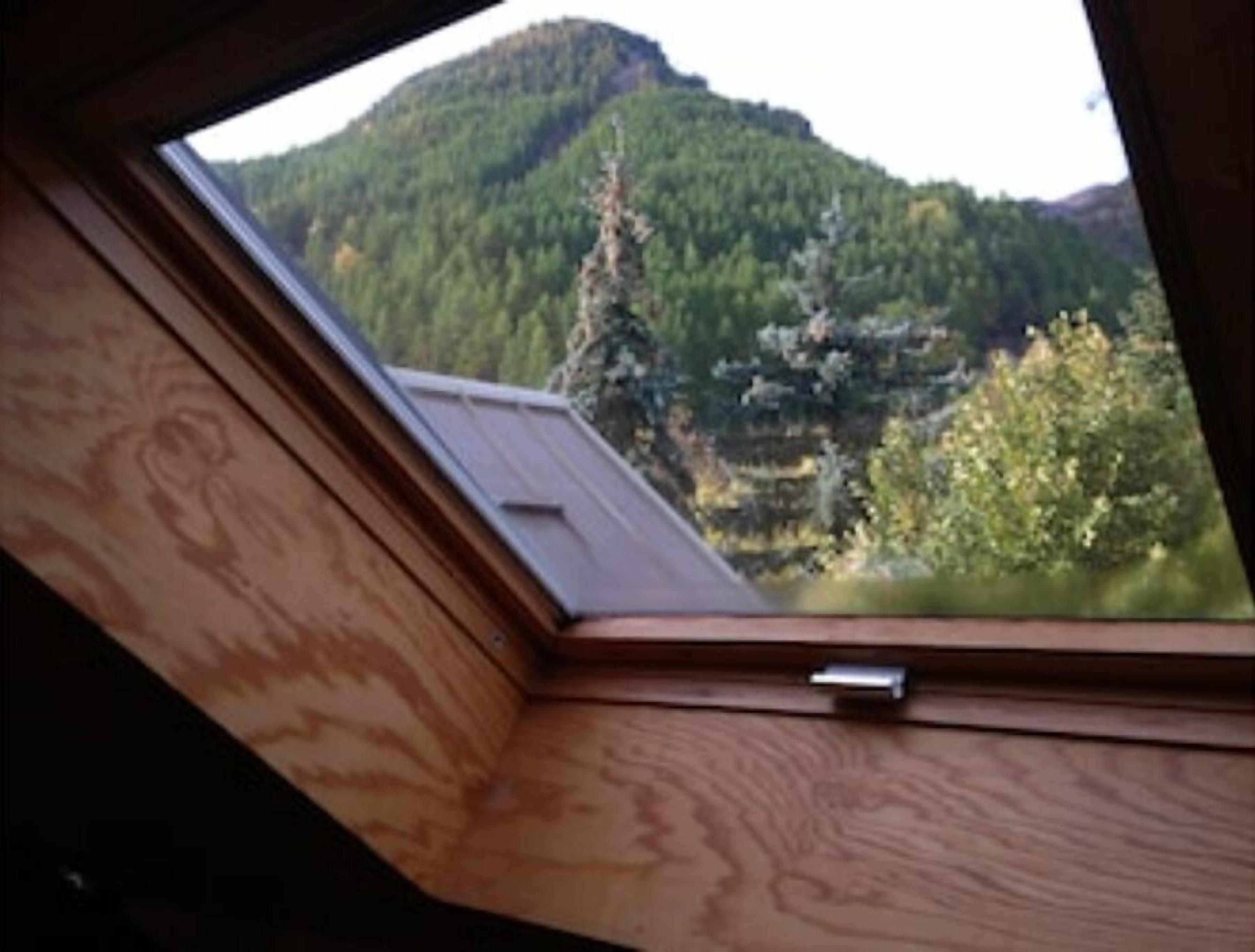 A skylight with a view of a forested mountain.
