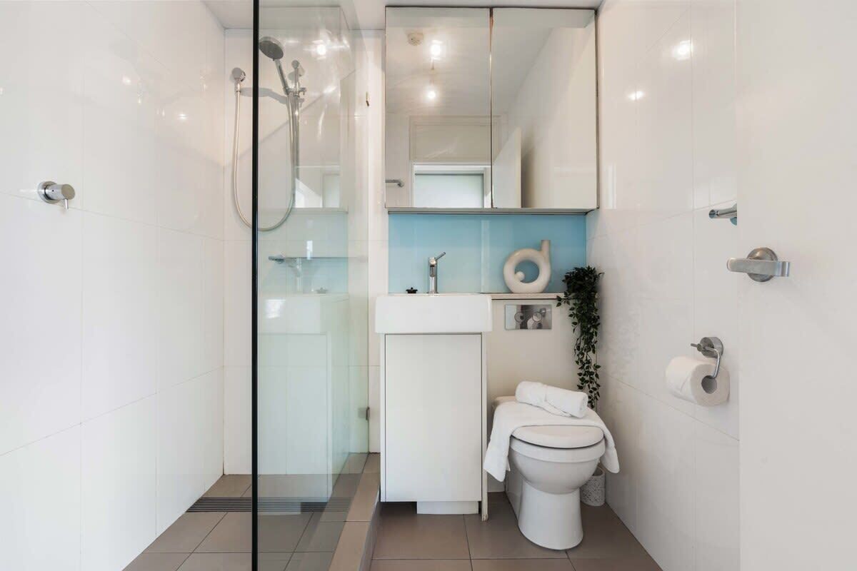 Shower, hair dryer, towels