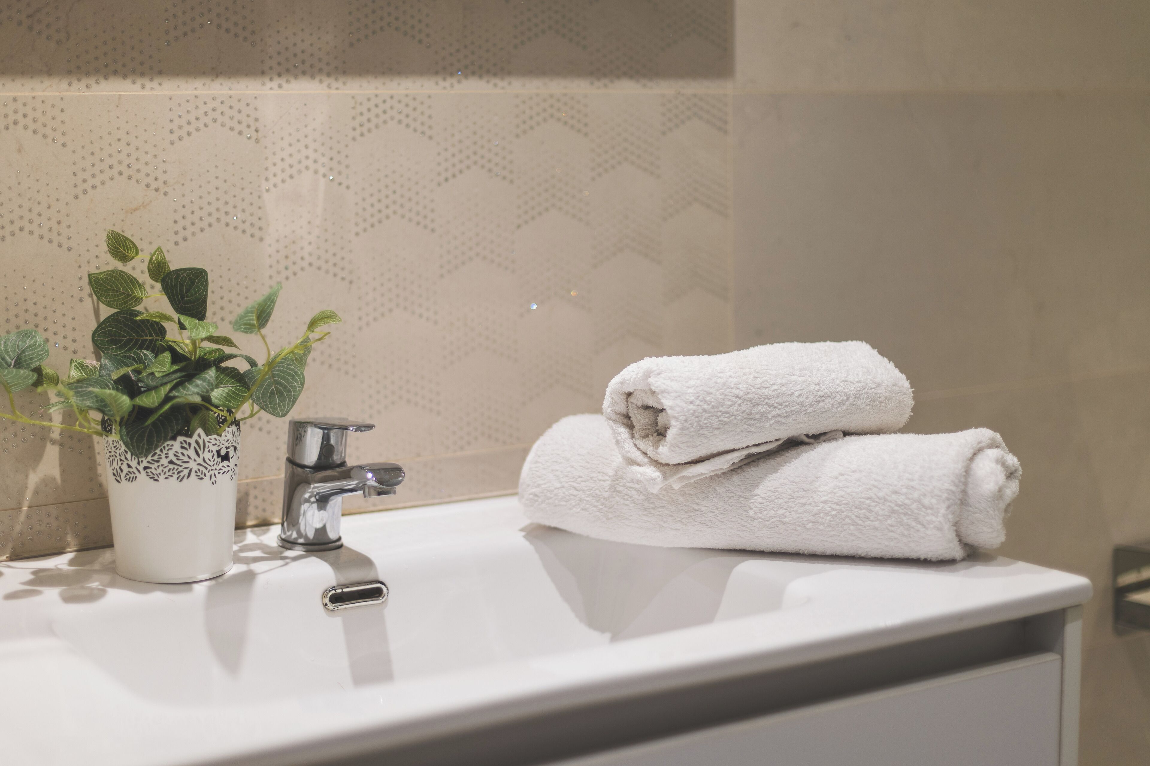 Une salle de bain avec un lavabo blanc, une plante en pot et une serviette blanche pliée.