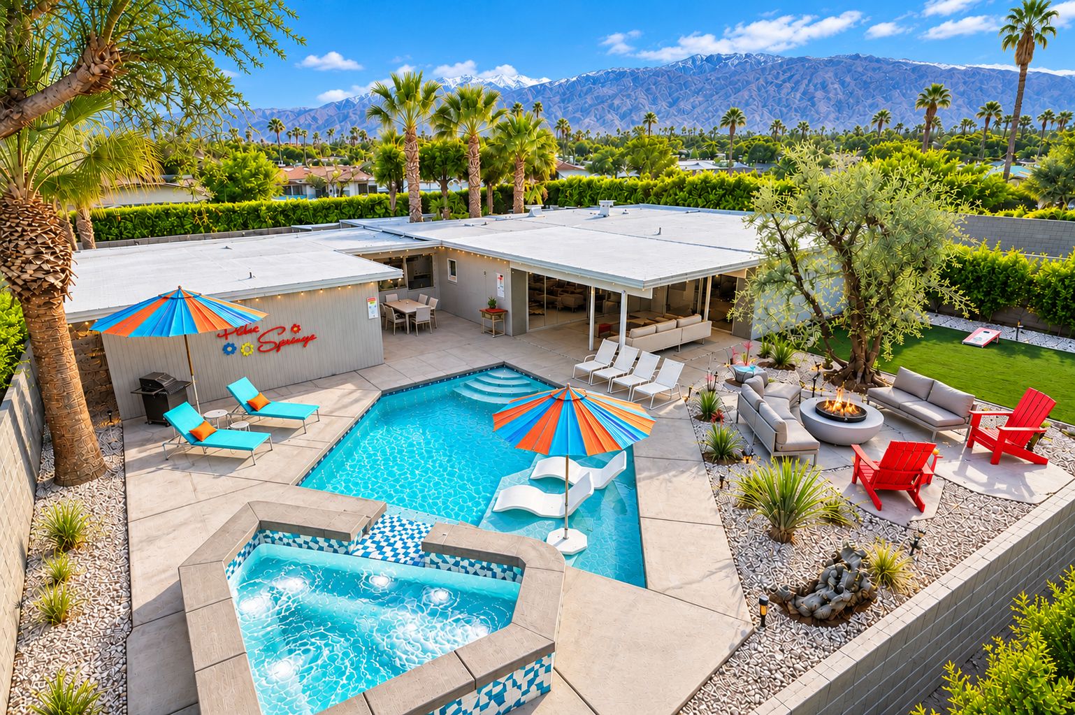 A backyard with a swimming pool, lounge chairs, a hot tub, and a covered patio area.