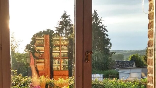 A view through a window with a wooden door, a brick wall, and a garden with various plants and a wooden structure in the background. - L'Ermite (Saint-Algis)