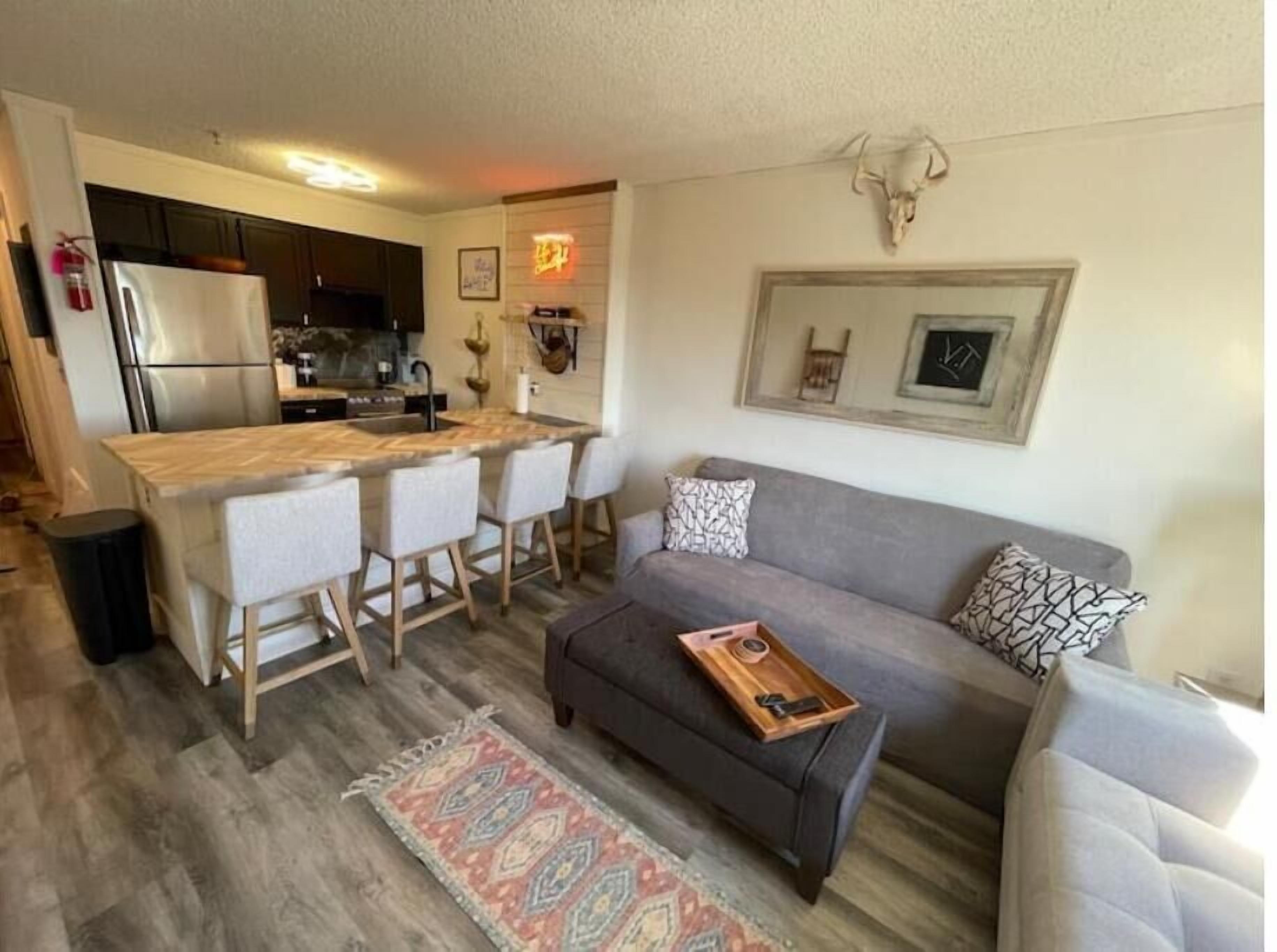 A compact living space with a kitchenette, a gray sofa, a patterned rug, and a wall-mounted skull decoration.