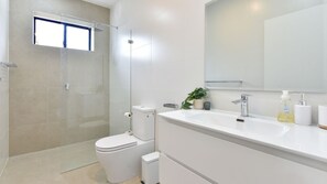 Shower, eco-friendly toiletries, hair dryer, soap