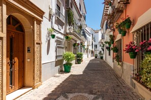 Une ruelle étroite pavée, bordée d’immeubles dont les balcons sont ornés de plantes en pot.