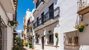 A narrow street with white buildings, balconies with black railings, and potted plants. - ESTEPONA TOWN CENTRE 2339 (Estepona)