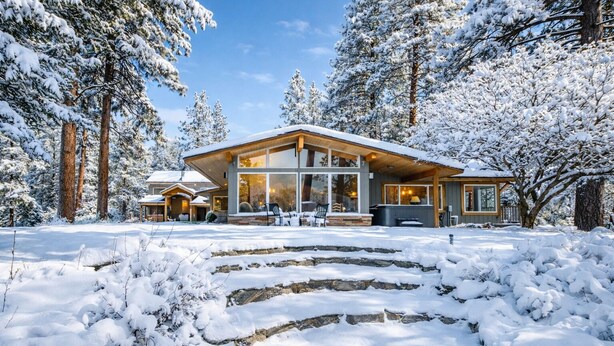 A modern lodge with a large glass facade, surrounded by snow-covered trees. - Stargaze | Views | Hot Tub | Dogs | BBQ | Firepit (Leavenworth)