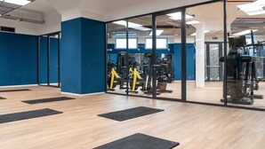 A gym with exercise equipment, black mats on the floor, and a blue wall. - aparto Milan Ripamonti (Milan)