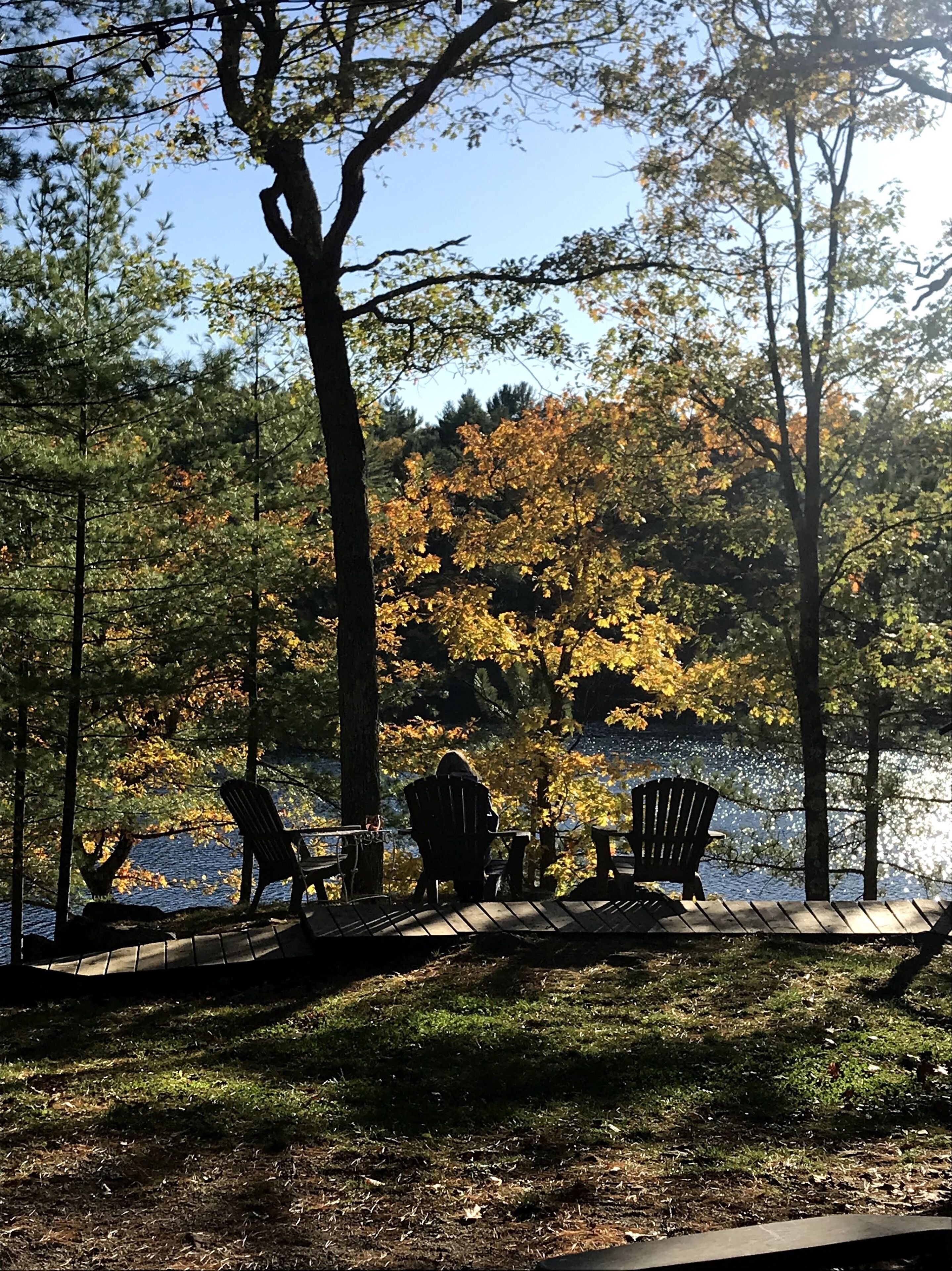 Una terrazza sul lago con poltrone Adirondack e un tavolo in legno, circondata da alberi con foglie autunnali.