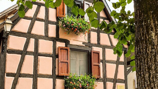 Une maison traditionnelle à colombages, avec des jardinières remplies de fleurs sur les rebords des fenêtres et une rue pavée.