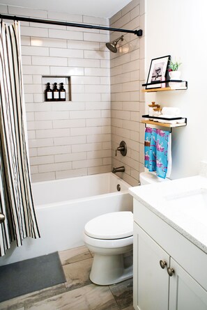 Hair dryer, towels, soap, shampoo