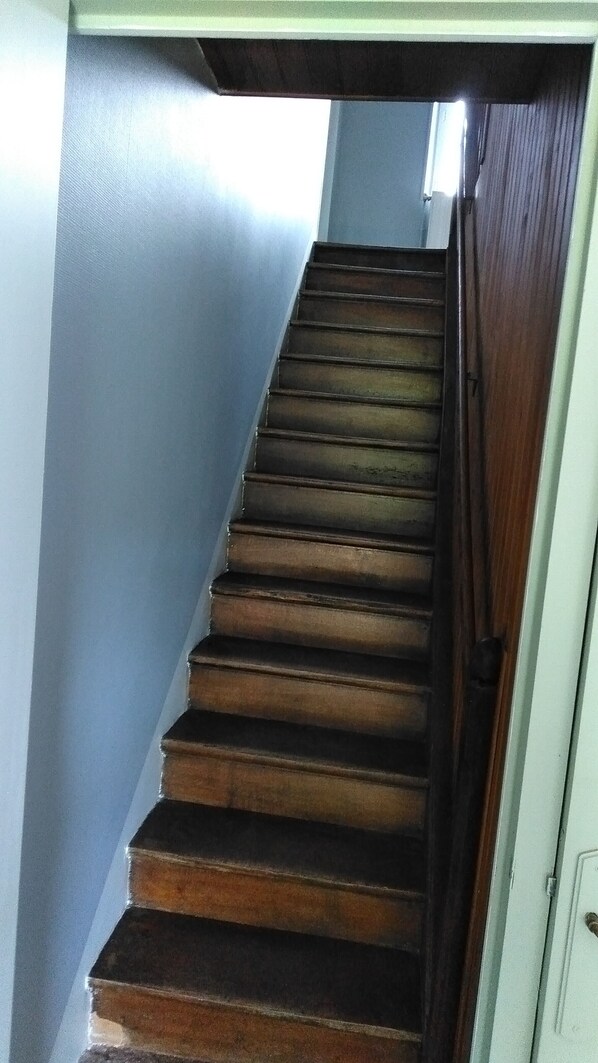 A wooden staircase with a handrail and a door at the bottom. - Maison de Campagne (23460 saint yrieix la montagne)