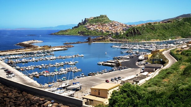 Un port de plaisance sur la côte, avec des bateaux, un fort perché sur une colline et une route menant à la mer.