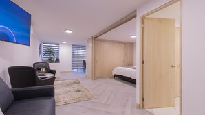 A modern bedroom with a bed, a sofa, a TV, and a door leading to another room. - Apartments Homero 538 (Mexico City)