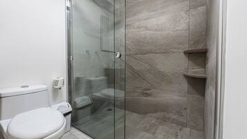 A modern bathroom with a glass-enclosed shower, a toilet, and a sink.