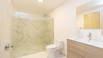 Et moderne badeværelse med en glasbrusekabine, toilet og et spejl med underskab.