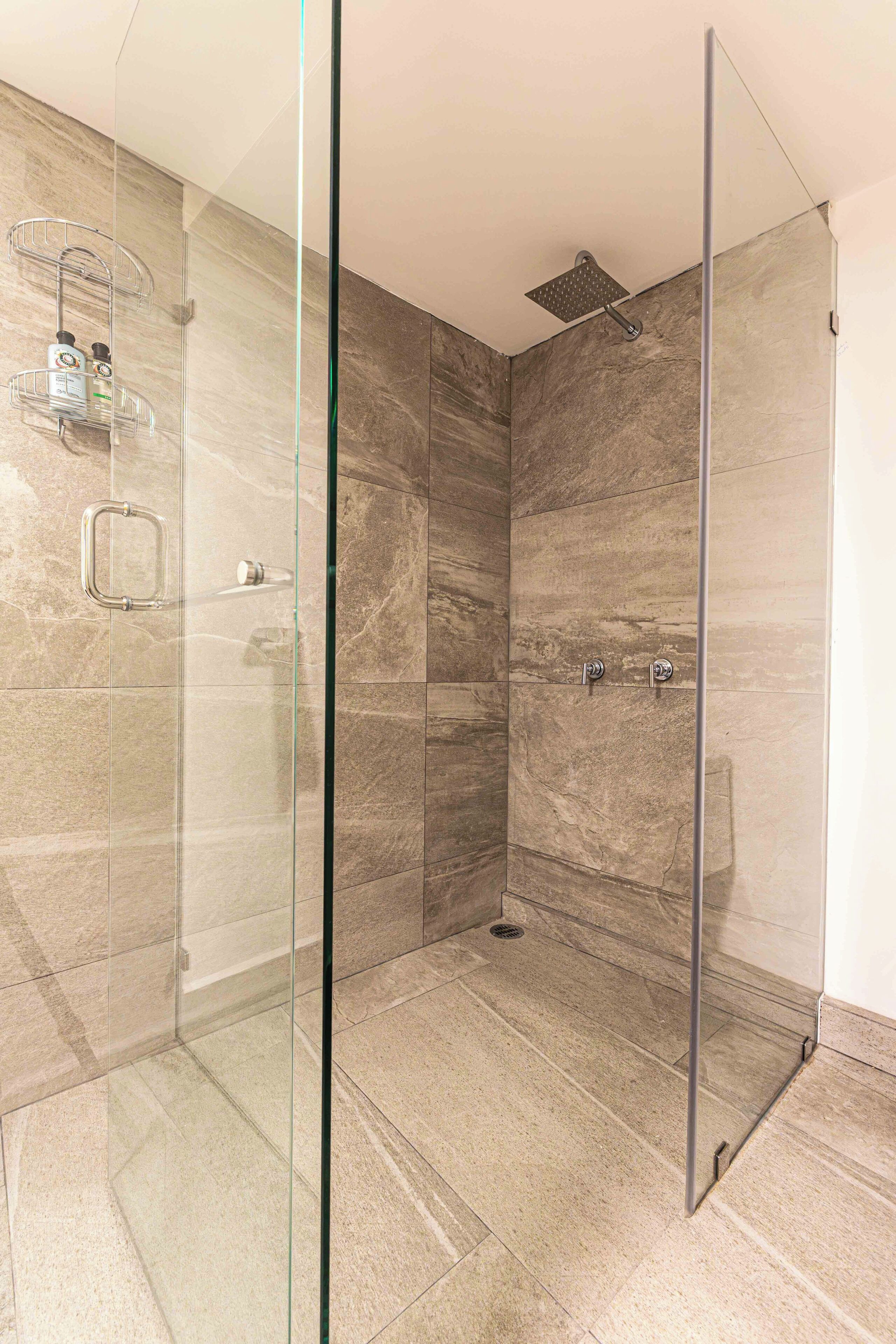 A modern shower with a glass door, a handheld showerhead, and a wall-mounted control panel.
