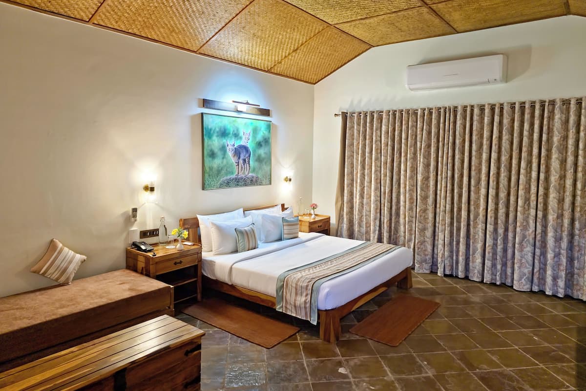 A well-lit bedroom with a bed, bedside tables, a bench, and a ceiling fan.